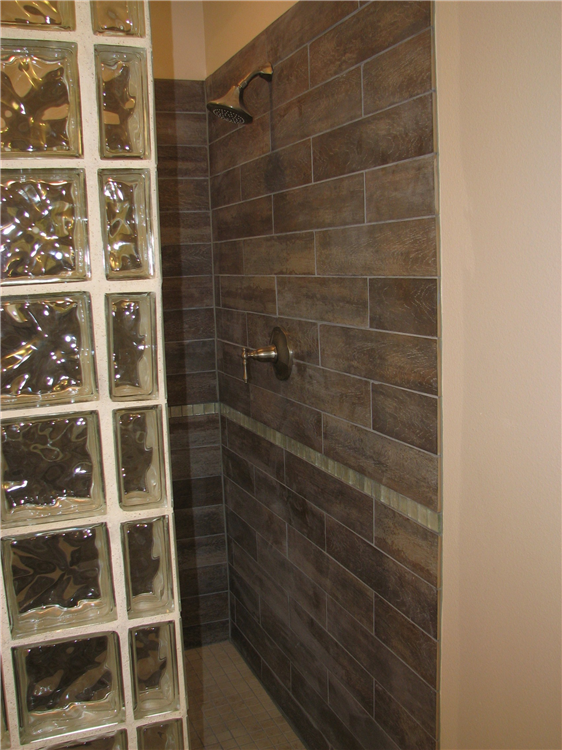 Barn Wood Tile Shower With Glass Block Surround
