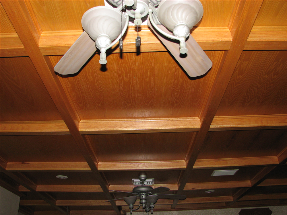A Natural Red Oak Ceiling Showing Beams and Coffers