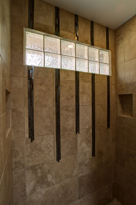Glass Blocks in Shower with Glass Tile Teardrop Accents