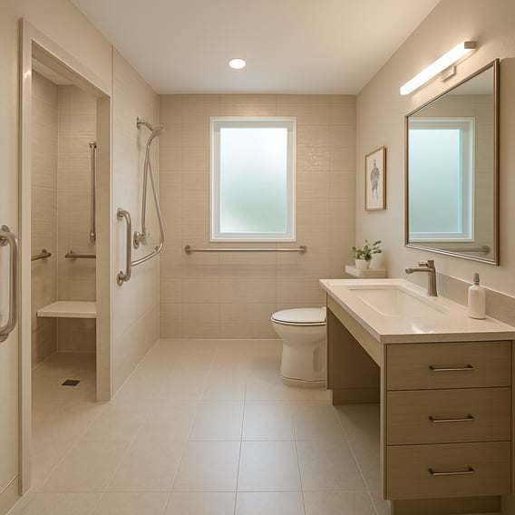 The image showcases a beautifully designed spacious bathroom that emphasizes accessibility and modern aesthetics The bathroom features wide doorways.