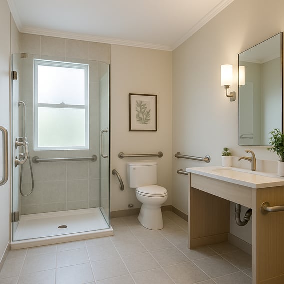 The image showcases a modern accessible bathroom designed for aging in place The room features a spacious layout with a barrierfree shower equipped wi-1
