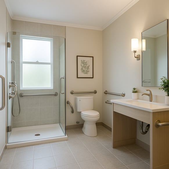The image showcases a modern accessible bathroom designed for aging in place The room features a spacious layout with a barrier-free shower 