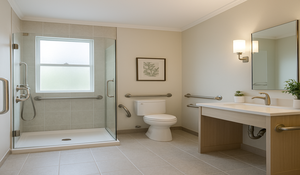 accessible bathroom with roll-in shower, roll-under vanity, and safe toilet